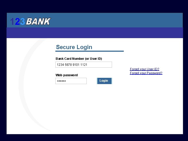 123 Secure Login Bank Card Number (or User ID) 1234 5678 9101 1121 Forgot
