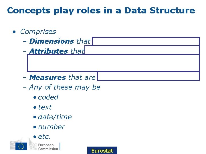 Concepts play roles in a Data Structure • Comprises – Dimensions that identify the