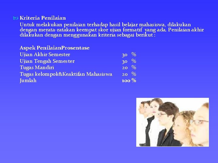  Kriteria Penilaian Untuk melakukan penilaian terhadap hasil belajar mahasiswa, dilakukan dengan merata-ratakan keempat
