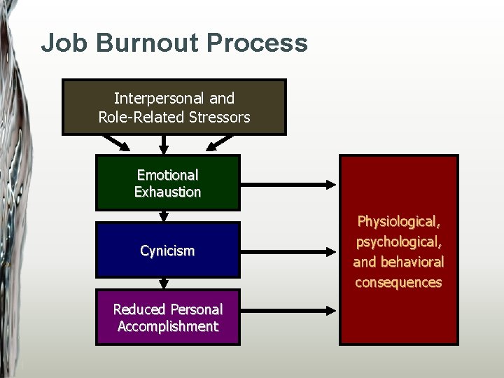 Job Burnout Process Interpersonal and Role-Related Stressors Emotional Exhaustion Cynicism Reduced Personal Accomplishment Physiological,