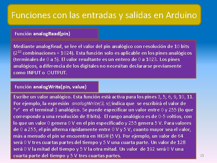 Funciones con las entradas y salidas en Arduino Función analog. Read(pin) Mediante analog. Read,