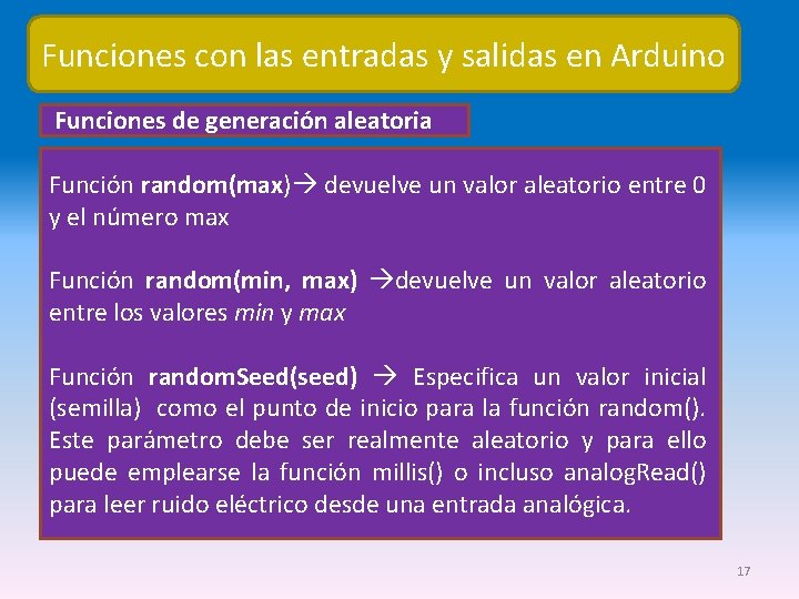 Funciones con las entradas y salidas en Arduino Funciones de generación aleatoria Función random(max)