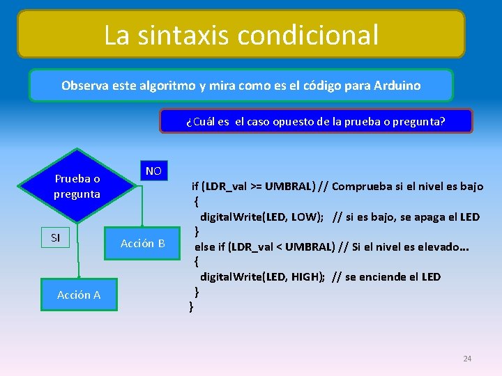 La sintaxis condicional Observa este algoritmo y mira como es el código para Arduino