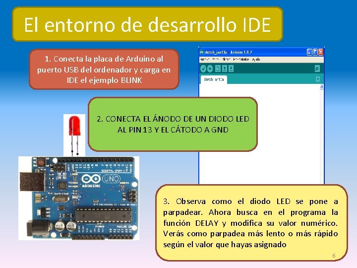 El entorno de desarrollo IDE 1. Conecta la placa de Arduino al puerto USB