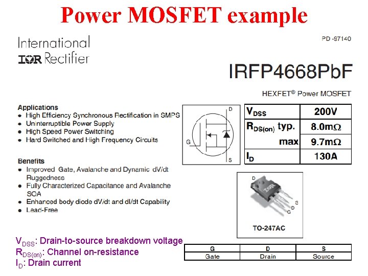 Power MOSFET example VDSS: Drain-to-source breakdown voltage RDS(on): Channel on-resistance ID: Drain current 