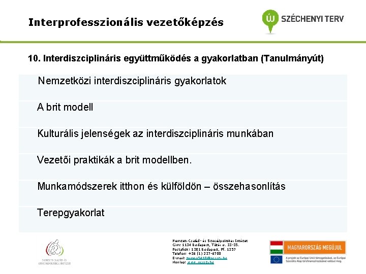 Interprofesszionális vezetőképzés 10. Interdiszciplináris együttműködés a gyakorlatban (Tanulmányút) Nemzetközi interdiszciplináris gyakorlatok A brit modell