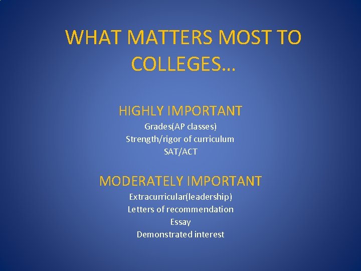 WHAT MATTERS MOST TO COLLEGES… HIGHLY IMPORTANT Grades(AP classes) Strength/rigor of curriculum SAT/ACT MODERATELY