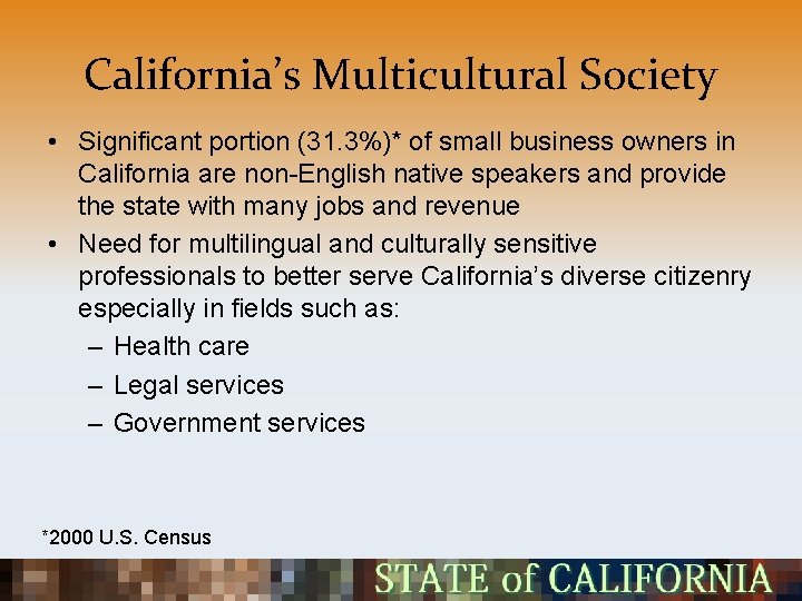 California’s Multicultural Society • Significant portion (31. 3%)* of small business owners in California