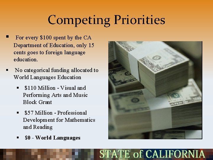 Competing Priorities § For every $100 spent by the CA Department of Education, only