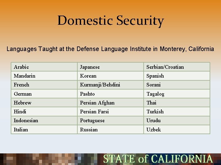 Domestic Security Languages Taught at the Defense Language Institute in Monterey, California Arabic Japanese