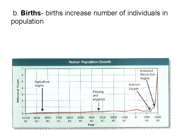  b. Births- births increase number of individuals in population 