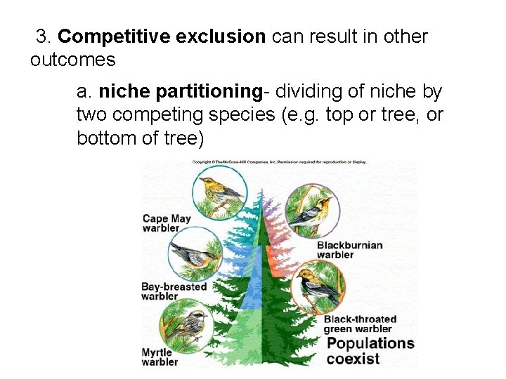  3. Competitive exclusion can result in other outcomes a. niche partitioning- dividing of