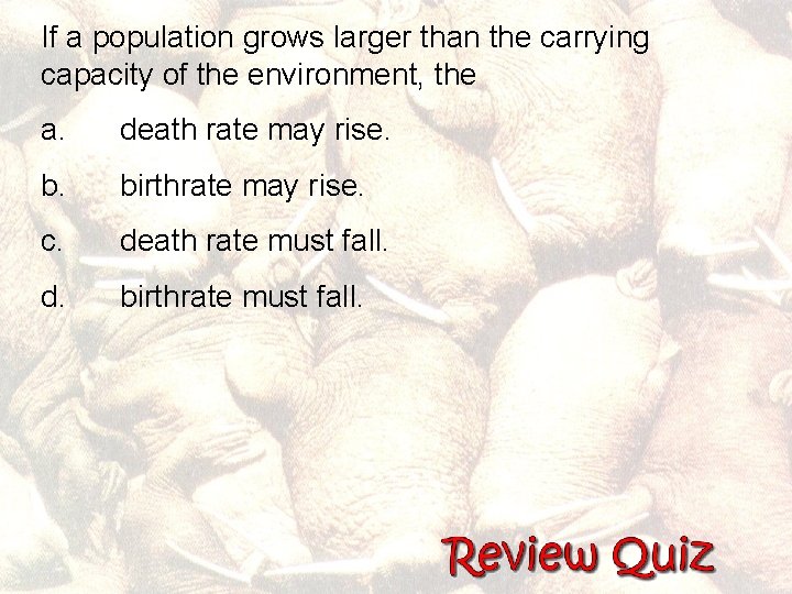 If a population grows larger than the carrying capacity of the environment, the a.