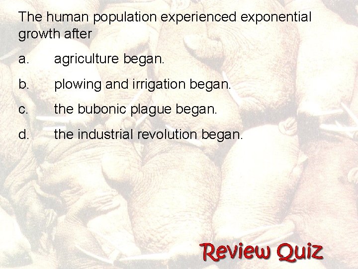 The human population experienced exponential growth after a. agriculture began. b. plowing and irrigation