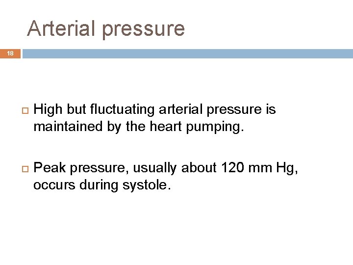 Arterial pressure 18 High but fluctuating arterial pressure is maintained by the heart pumping.