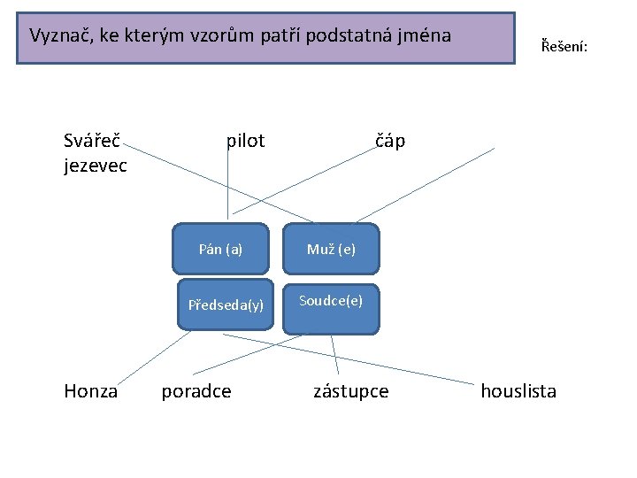 Vyznač, ke kterým vzorům patří podstatná jména Svářeč jezevec pilot Pán (a) Předseda(y) Honza