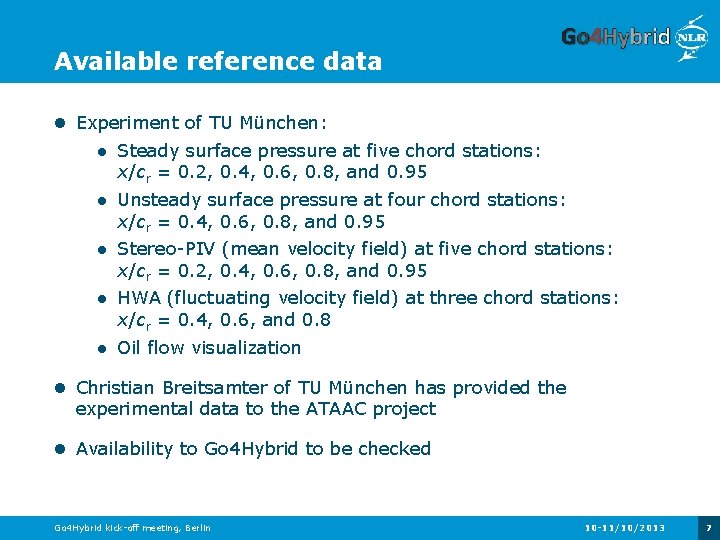 Available reference data Experiment of TU München: Steady surface pressure at five chord stations: Available reference data Experiment of TU München: Steady surface pressure at five chord stations: