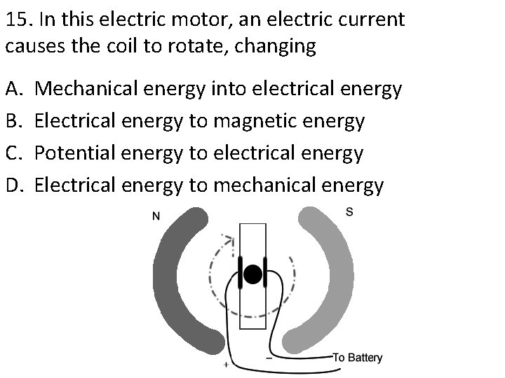 15. In this electric motor, an electric current causes the coil to rotate, changing