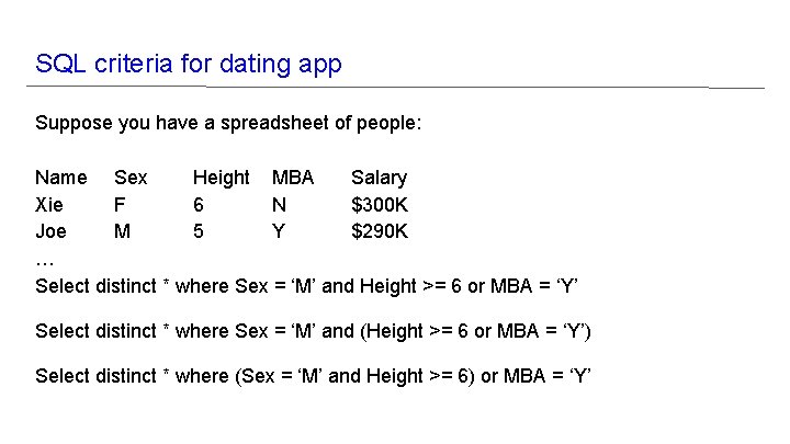 SQL criteria for dating app Suppose you have a spreadsheet of people: Name Sex