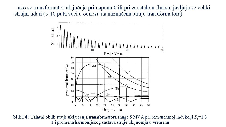 - ako se transformator uključuje pri naponu 0 ili pri zaostalom fluksu, javljaju se