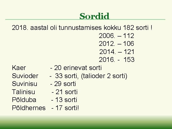 Sordid 2018. aastal oli tunnustamises kokku 182 sorti ! 2006. – 112 2012. –