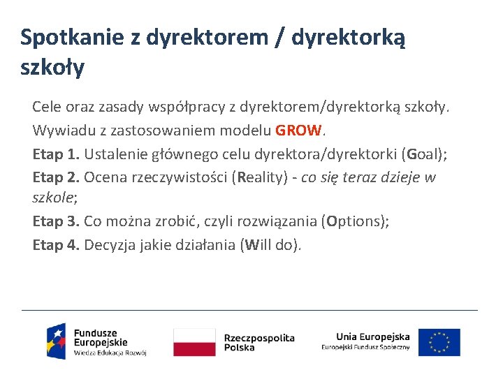 Spotkanie z dyrektorem / dyrektorką szkoły Cele oraz zasady współpracy z dyrektorem/dyrektorką szkoły. Wywiadu