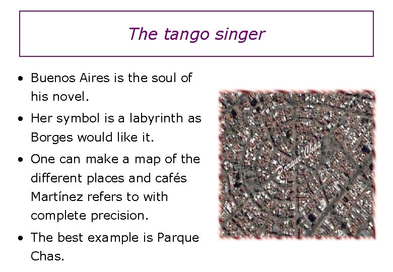 The tango singer • Buenos Aires is the soul of his novel. • Her