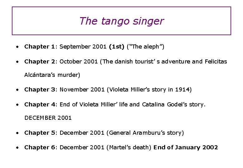 The tango singer • Chapter 1: September 2001 (1 st) (“The aleph”) • Chapter