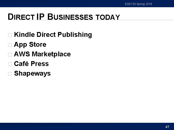 ESE 150 Spring 2019 DIRECT IP BUSINESSES TODAY Kindle Direct Publishing � App Store