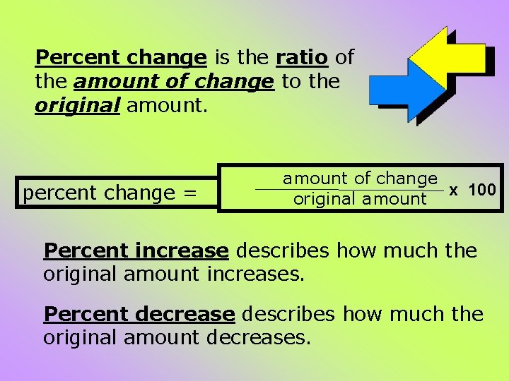 Percent change is the ratio of the amount of change to the original amount. Percent change is the ratio of the amount of change to the original amount.