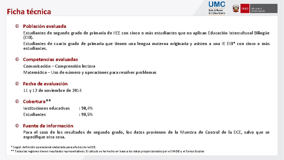 Ficha técnica Población evaluada Estudiantes de segundo grado de primaria de IIEE con cinco