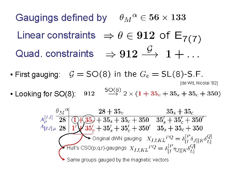 Gaugings defined by Linear constraints Quad. constraints • First gauging: [de Wit, Nicolai ’