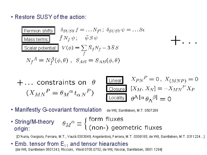  • Restore SUSY of the action: Fermion shifts: Mass terms: Scalar potential: Linear