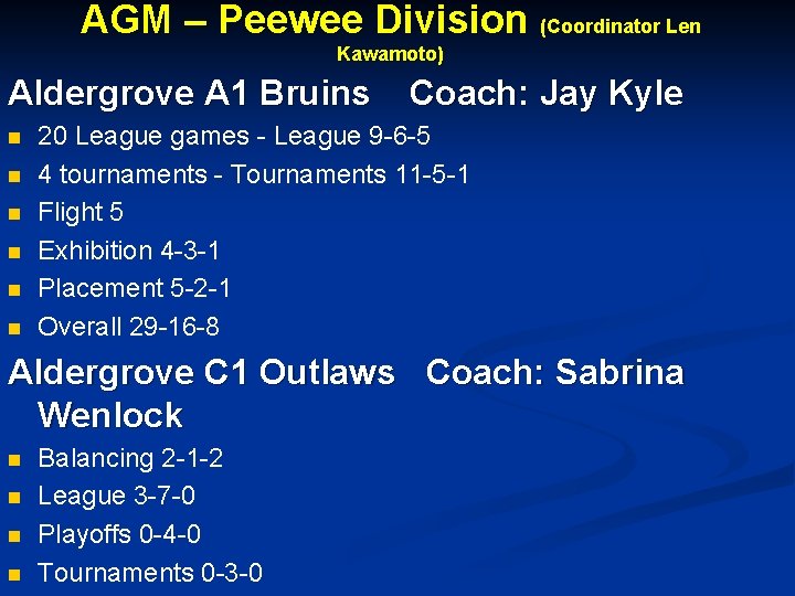 AGM – Peewee Division (Coordinator Len Kawamoto) Aldergrove A 1 Bruins n n n