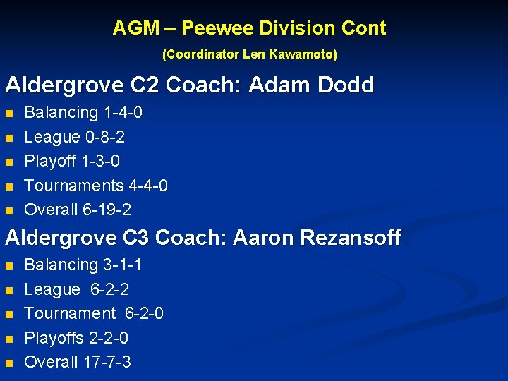AGM – Peewee Division Cont (Coordinator Len Kawamoto) Aldergrove C 2 Coach: Adam Dodd
