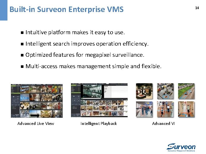 Built-in Surveon Enterprise VMS 14 n Intuitive platform makes it easy to use. n