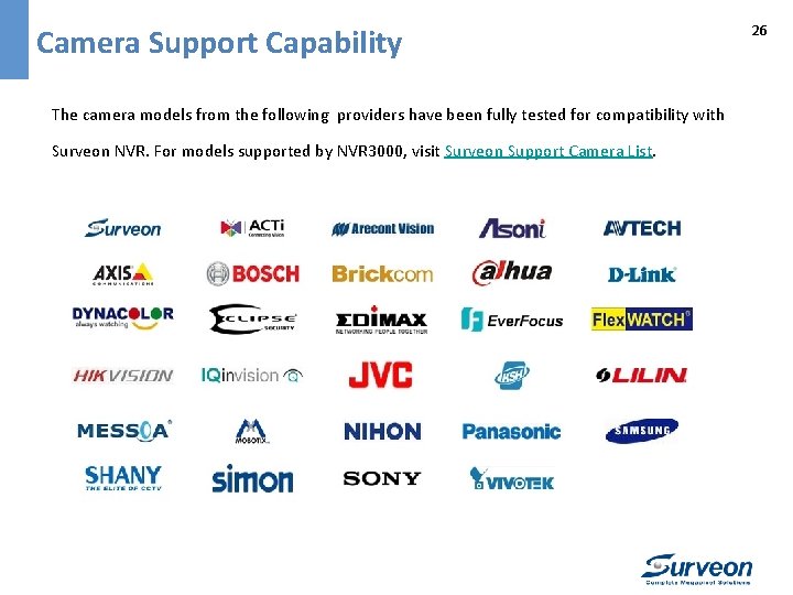 Camera Support Capability The camera models from the following providers have been fully tested