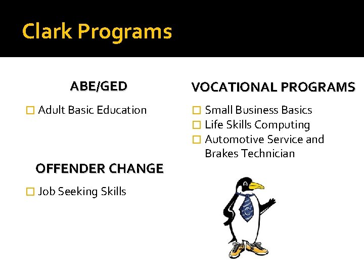 Clark Programs ABE/GED � Adult Basic Education OFFENDER CHANGE � Job Seeking Skills VOCATIONAL Clark Programs ABE/GED � Adult Basic Education OFFENDER CHANGE � Job Seeking Skills VOCATIONAL