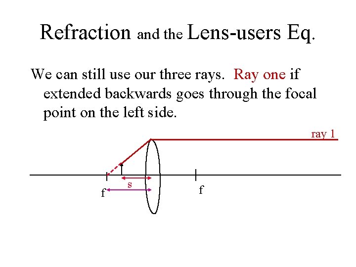 Refraction and the Lens-users Eq. We can still use our three rays. Ray one