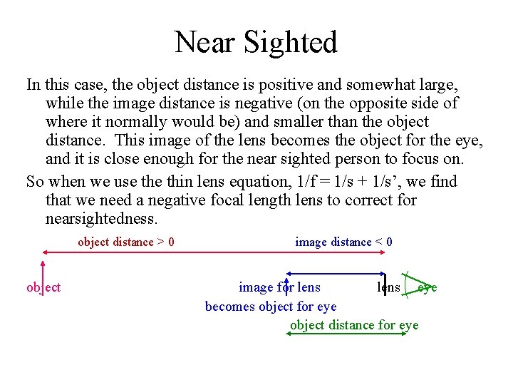 Near Sighted In this case, the object distance is positive and somewhat large, while