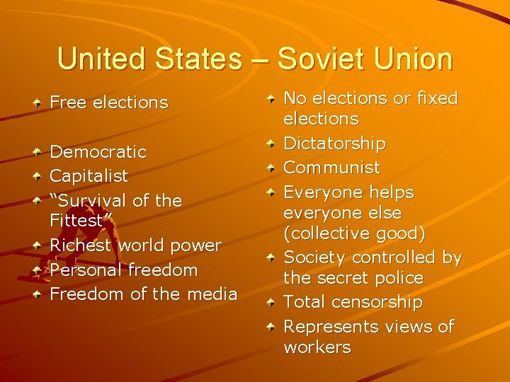 United States – Soviet Union Free elections Democratic Capitalist “Survival of the Fittest” Richest