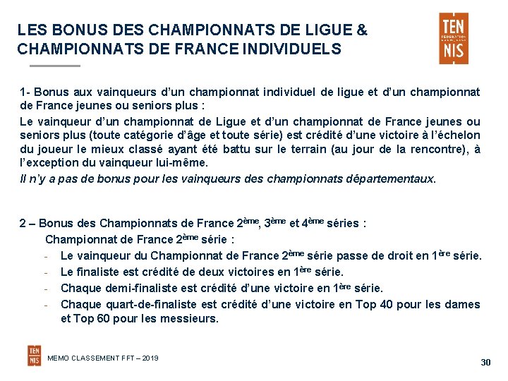 LES BONUS DES CHAMPIONNATS DE LIGUE & CHAMPIONNATS DE FRANCE INDIVIDUELS 1 - Bonus