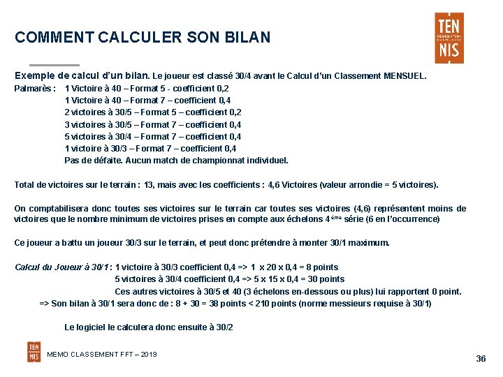 COMMENT CALCULER SON BILAN Exemple de calcul d’un bilan. Le joueur est classé 30/4