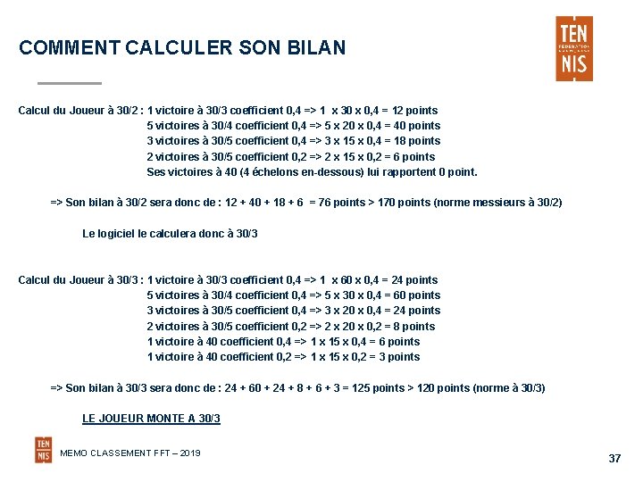 COMMENT CALCULER SON BILAN Calcul du Joueur à 30/2 : 1 victoire à 30/3