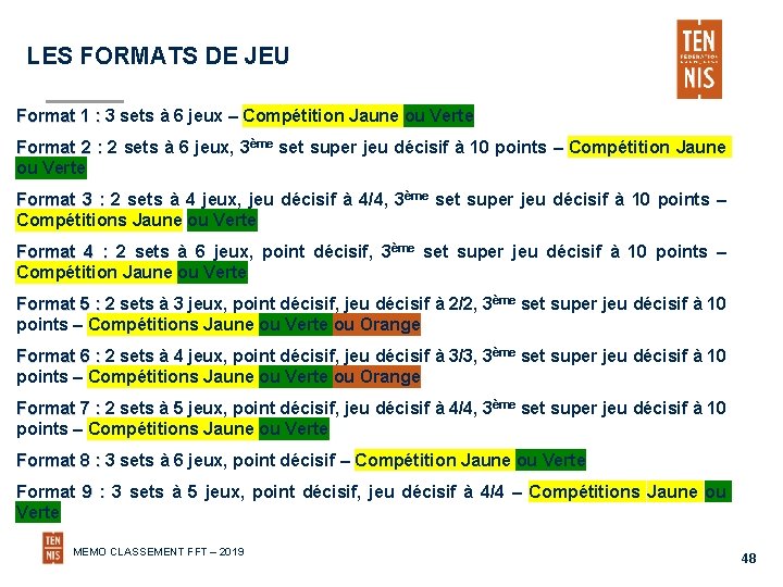 LES FORMATS DE JEU Format 1 : 3 sets à 6 jeux – Compétition