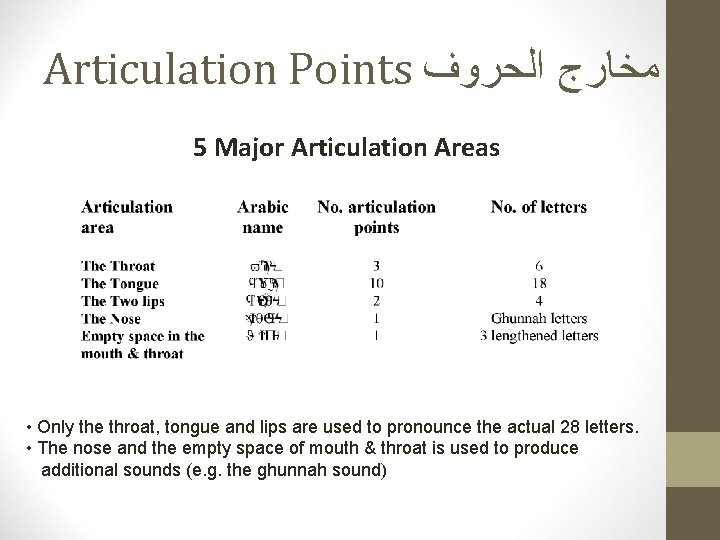 Articulation Points ﻣﺨﺎﺭﺝ ﺍﻟﺤﺮﻭﻑ 5 Major Articulation Areas • Only the throat, tongue and