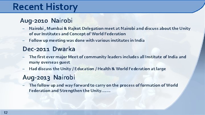 Recent History Aug-2010 Nairobi – – Nairobi , Mumbai & Rajkot Delegation meet at