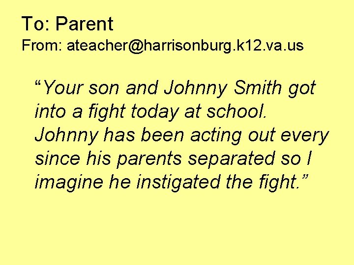 To: Parent From: ateacher@harrisonburg. k 12. va. us “Your son and Johnny Smith got