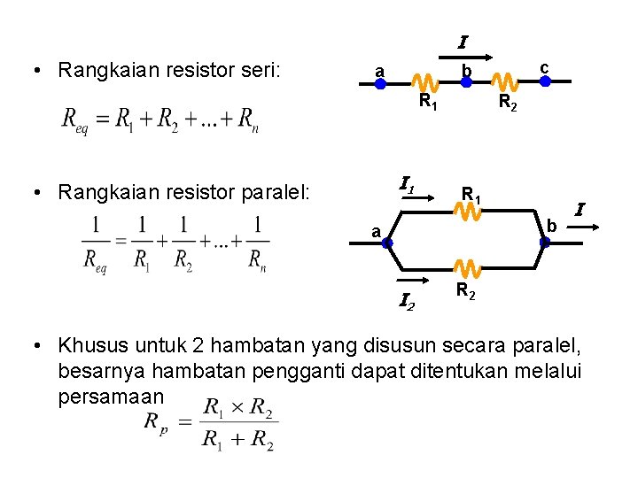 I • Rangkaian resistor seri: a R 1 I 1 • Rangkaian resistor paralel:
