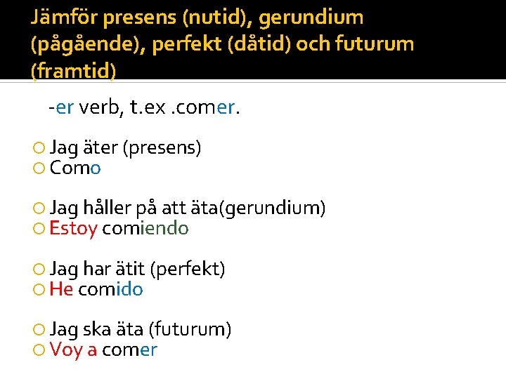 Jämför presens (nutid), gerundium (pågående), perfekt (dåtid) och futurum (framtid) -er verb, t. ex.